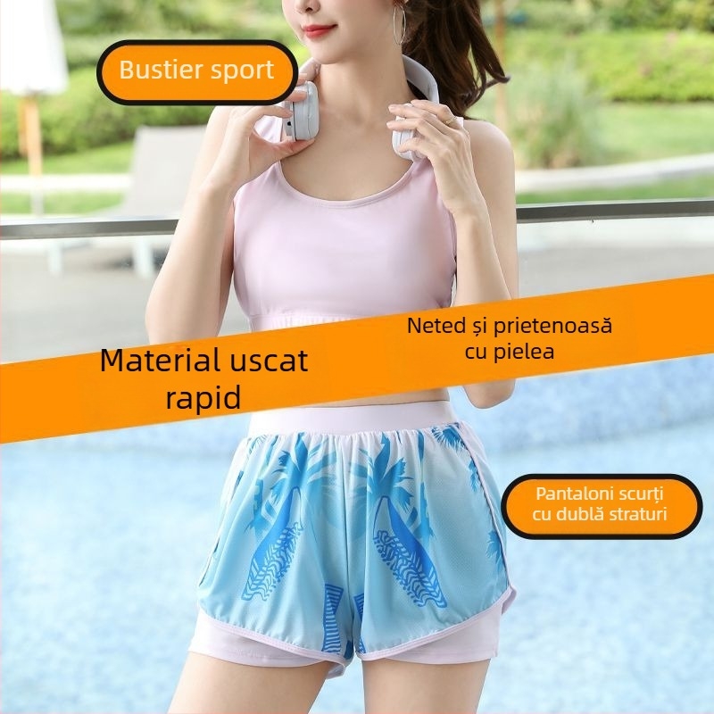Set de baie pentru femei, 3 piese, stil conservator pentru vacanțe la plajă, cu bureți de susținere pentru bust, model gradient, material poliester-elastan (5%), mâneci de lungime medie