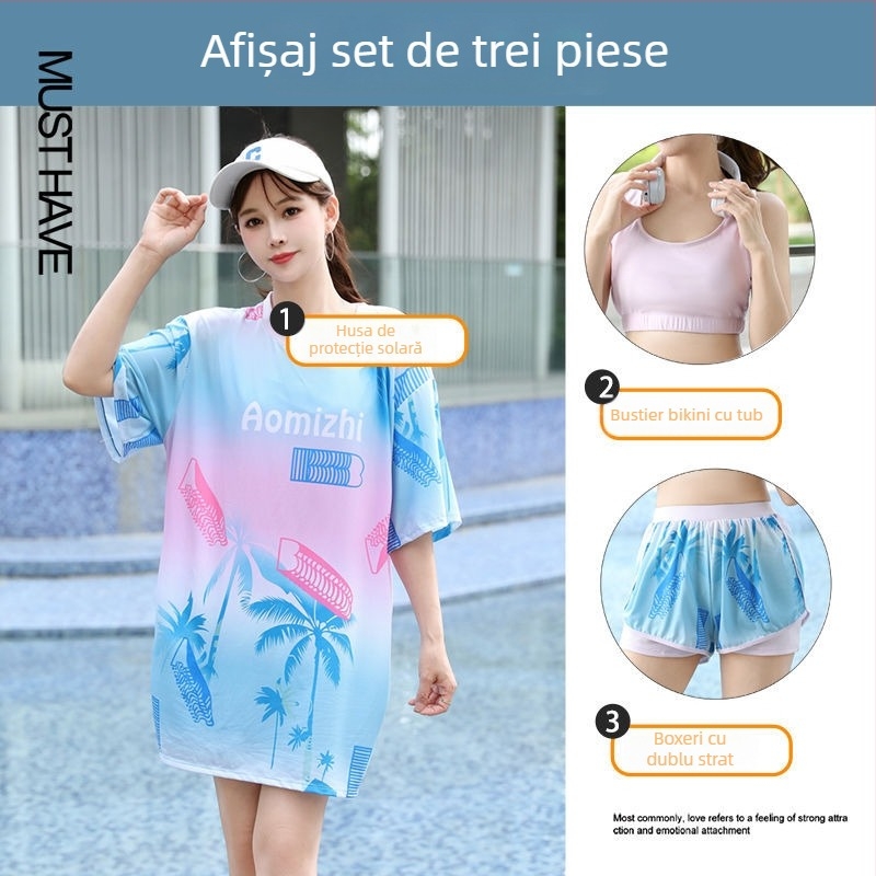 Set de baie pentru femei, 3 piese, stil conservator pentru vacanțe la plajă, cu bureți de susținere pentru bust, model gradient, material poliester-elastan (5%), mâneci de lungime medie