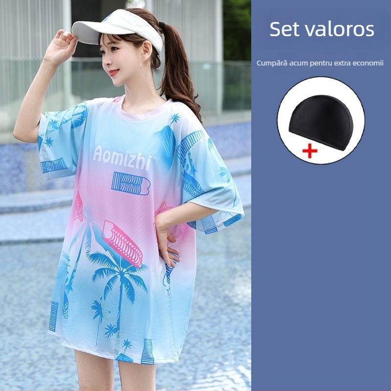 Set de baie pentru femei, 3 piese, stil conservator pentru vacanțe la plajă, cu bureți de susținere pentru bust, model gradient, material poliester-elastan (5%), mâneci de lungime medie