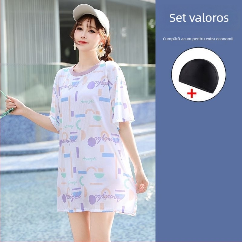 Set de baie pentru femei, 3 piese, stil conservator pentru vacanțe la plajă, cu bureți de susținere pentru bust, model gradient, material poliester-elastan (5%), mâneci de lungime medie