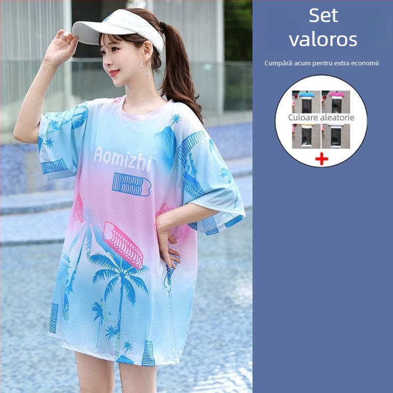 Set de baie pentru femei, 3 piese, stil conservator pentru vacanțe la plajă, cu bureți de susținere pentru bust, model gradient, material poliester-elastan (5%), mâneci de lungime medie