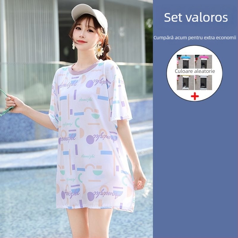 Set de baie pentru femei, 3 piese, stil conservator pentru vacanțe la plajă, cu bureți de susținere pentru bust, model gradient, material poliester-elastan (5%), mâneci de lungime medie