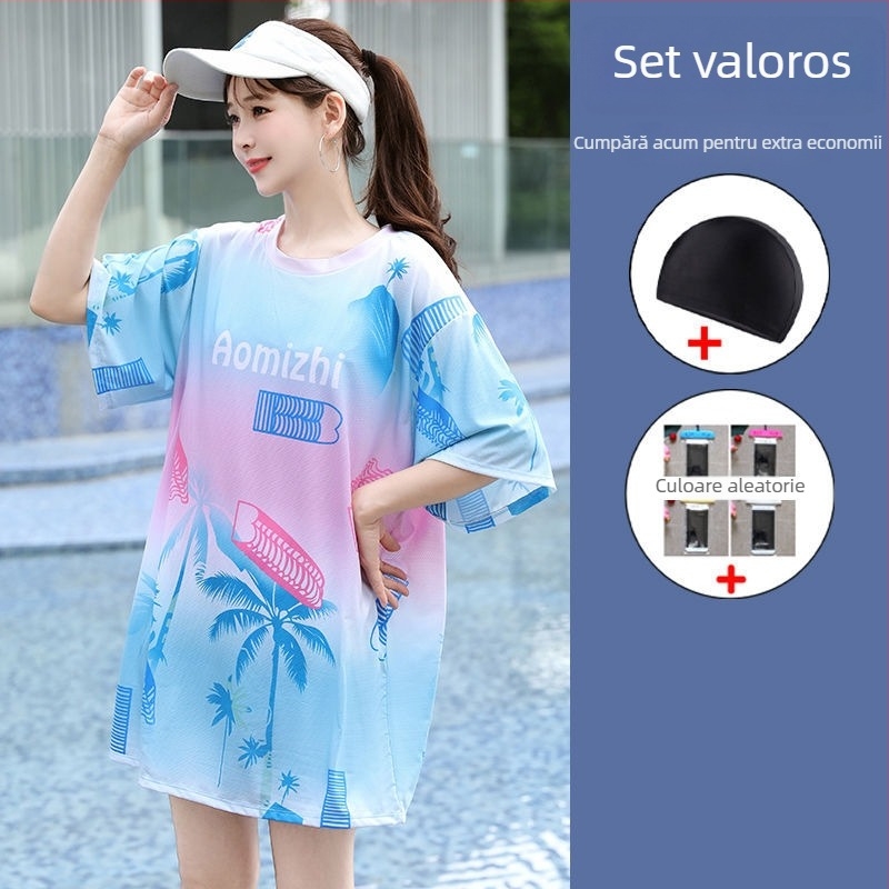 Set de baie pentru femei, 3 piese, stil conservator pentru vacanțe la plajă, cu bureți de susținere pentru bust, model gradient, material poliester-elastan (5%), mâneci de lungime medie