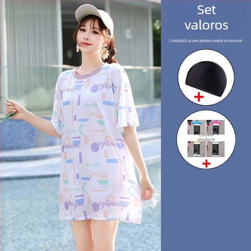 Set de baie pentru femei, 3 piese, stil conservator pentru vacanțe la plajă, cu bureți de susținere pentru bust, model gradient, material poliester-elastan (5%), mâneci de lungime medie