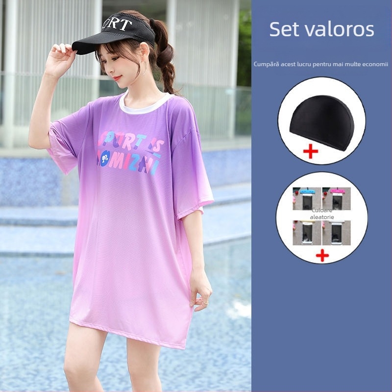 Set de baie pentru femei, 3 piese, stil conservator pentru vacanțe la plajă, cu bureți de susținere pentru bust, model gradient, material poliester-elastan (5%), mâneci de lungime medie