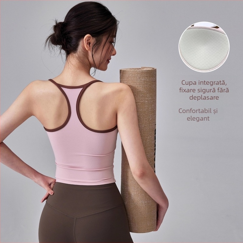 Top de yoga cu padding pentru sân încorporat, compoziție 80% nylon, 20% elastan, absorbția umezelii, respirabil, uscare rapidă, bretele subțiri