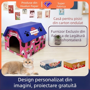 Casă pentru pisici din carton ondulat cu zgârierea, casă în stil vilă, spațiu generos, pentru toate anotimpurile
