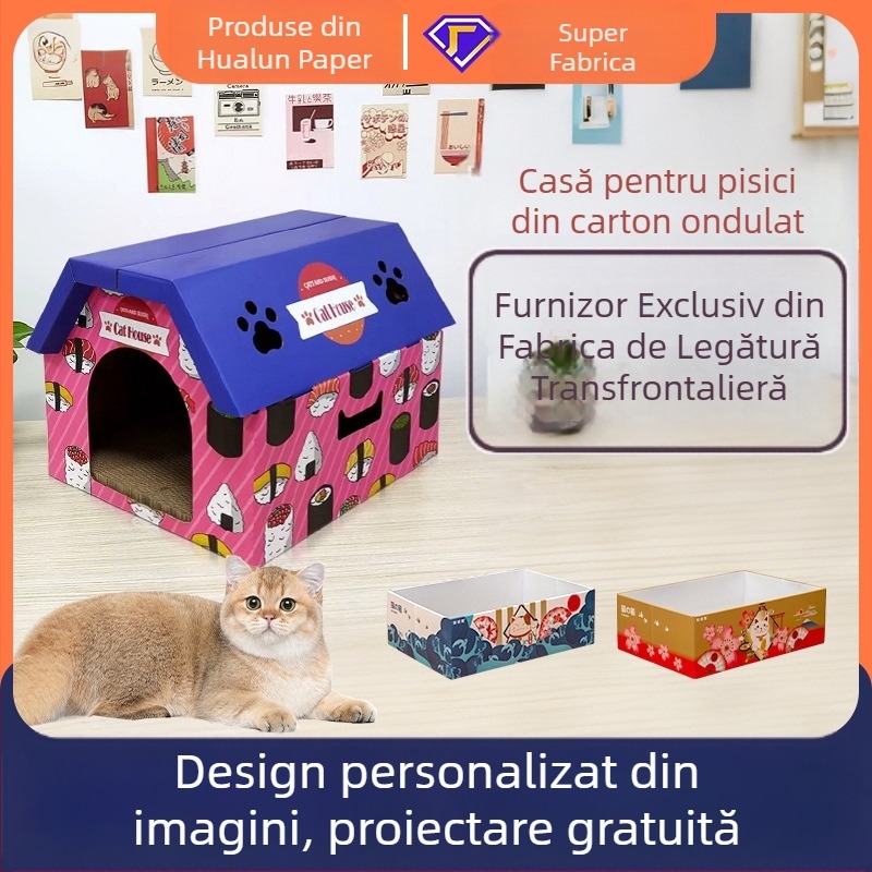 Casă pentru pisici din carton ondulat cu zgârierea, casă în stil vilă, spațiu generos, pentru toate anotimpurile