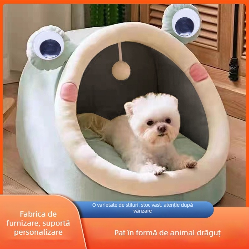 Cuib pentru animale de companie: formă drăguță de animal, design semi-închis, cald pentru iarnă; Materiale: pluș PV, bumbac PP cald, bază anti-alunecare; Potrivit pentru pisici