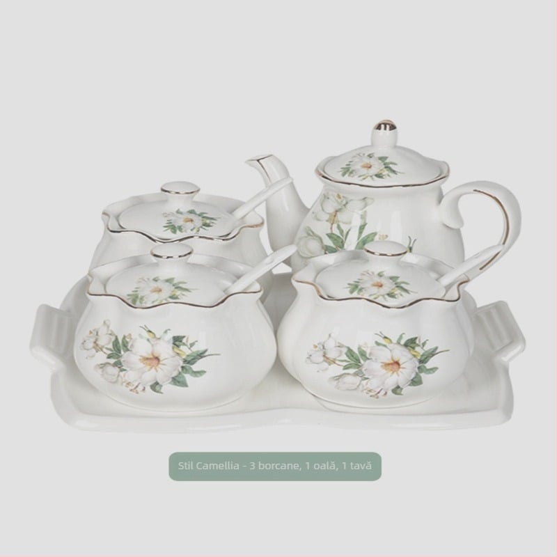 Set ceramic pentru bucătărie cu sticle de sare, zahăr și oțet – stil chinezesc, design fără găuri; Material: ceramic; Categoria: raft pentru condimente
