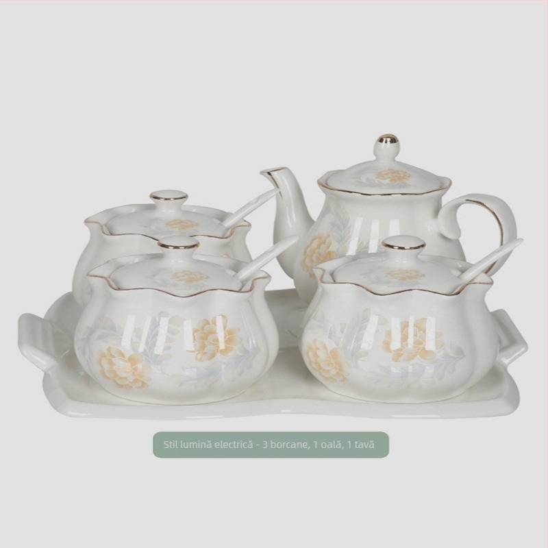 Set ceramic pentru bucătărie cu sticle de sare, zahăr și oțet – stil chinezesc, design fără găuri; Material: ceramic; Categoria: raft pentru condimente