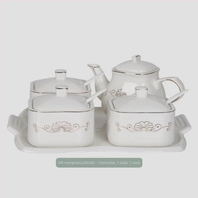 Set ceramic pentru bucătărie cu sticle de sare, zahăr și oțet – stil chinezesc, design fără găuri; Material: ceramic; Categoria: raft pentru condimente