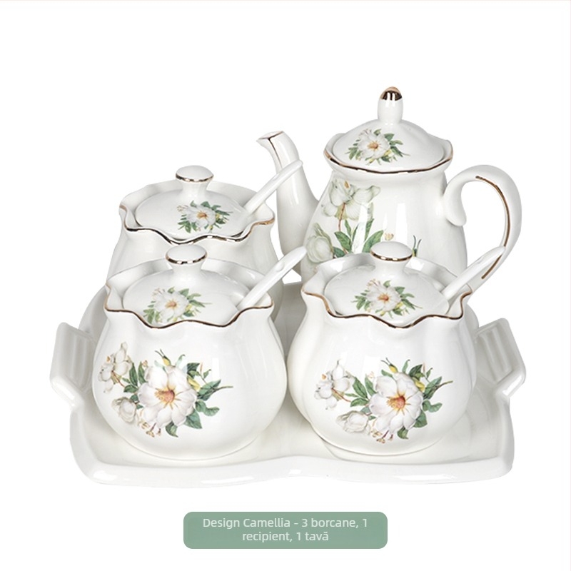Set ceramic pentru bucătărie cu sticle de sare, zahăr și oțet – stil chinezesc, design fără găuri; Material: ceramic; Categoria: raft pentru condimente