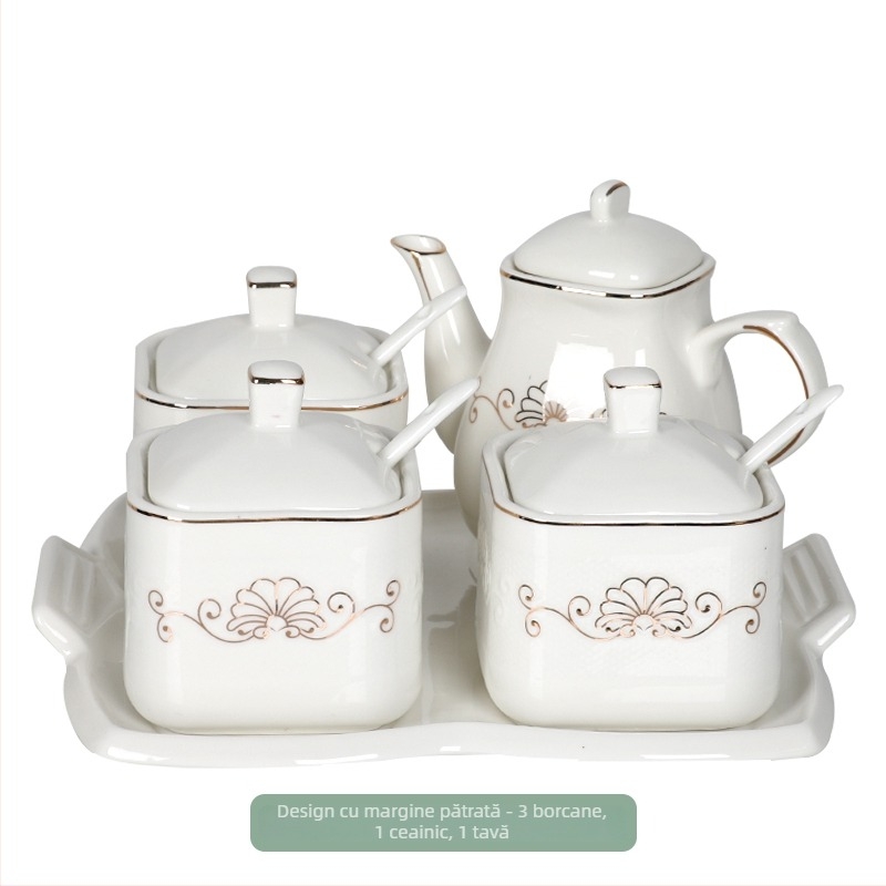 Set ceramic pentru bucătărie cu sticle de sare, zahăr și oțet – stil chinezesc, design fără găuri; Material: ceramic; Categoria: raft pentru condimente