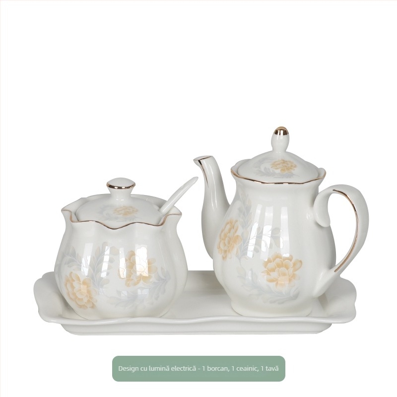 Set ceramic pentru bucătărie cu sticle de sare, zahăr și oțet – stil chinezesc, design fără găuri; Material: ceramic; Categoria: raft pentru condimente