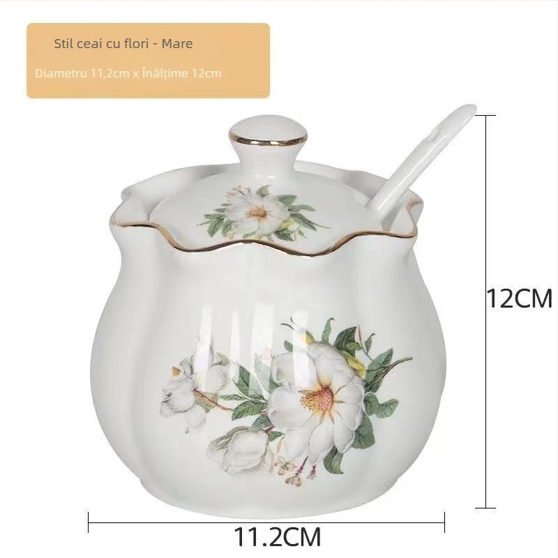Set ceramic pentru bucătărie cu sticle de sare, zahăr și oțet – stil chinezesc, design fără găuri; Material: ceramic; Categoria: raft pentru condimente