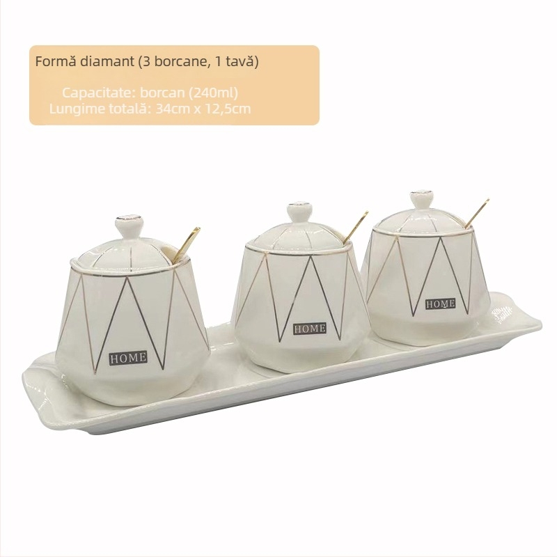 Set ceramic pentru bucătărie cu sticle de sare, zahăr și oțet – stil chinezesc, design fără găuri; Material: ceramic; Categoria: raft pentru condimente