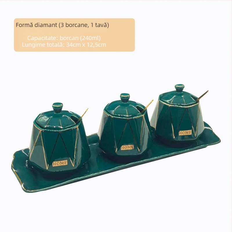 Set ceramic pentru bucătărie cu sticle de sare, zahăr și oțet – stil chinezesc, design fără găuri; Material: ceramic; Categoria: raft pentru condimente