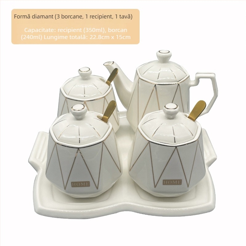 Set ceramic pentru bucătărie cu sticle de sare, zahăr și oțet – stil chinezesc, design fără găuri; Material: ceramic; Categoria: raft pentru condimente