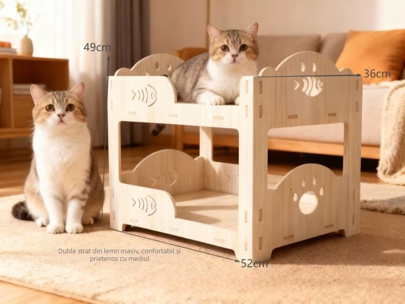Casă pentru pisici din lemn, cu mai multe etaje, cu pat pentru pisică și placă de zgâriere dublă, pentru interior, utilizare pe tot anul