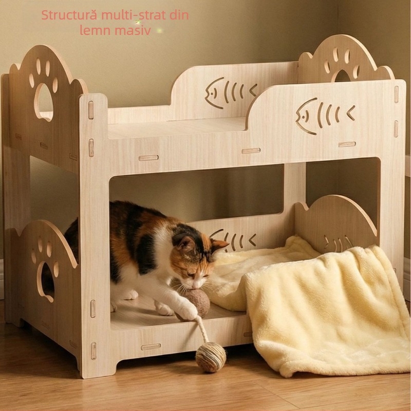 Casă pentru pisici din lemn, cu mai multe etaje, cu pat pentru pisică și placă de zgâriere dublă, pentru interior, utilizare pe tot anul