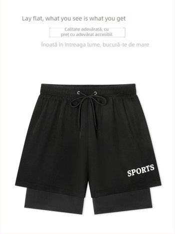 Pantaloni scurți de înot pentru bărbați, cu două straturi, uscare rapidă, țesătură stretch, 95% poliester + 5% spandex, GSM 120