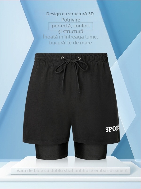 Pantaloni scurți de înot pentru bărbați, cu două straturi, uscare rapidă, țesătură stretch, 95% poliester + 5% spandex, GSM 120