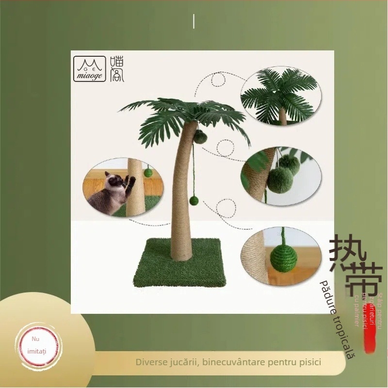 MIAOGE Coloană de zgâriere pentru pisici din iută – Copac tropical cu cocos, Cadru de cățărare, Stil pastoral