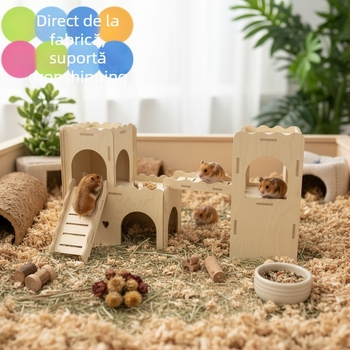 Adăpost din lemn pentru hamster cu scări, cuib cald, căsuță și jucării – set complet de decorare a cuștii
