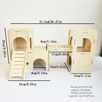 Adăpost din lemn pentru hamster cu scări, cuib cald, căsuță și jucării – set complet de decorare a cuștii