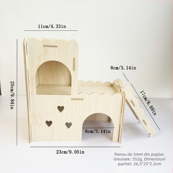 Adăpost din lemn pentru hamster cu scări, cuib cald, căsuță și jucării – set complet de decorare a cuștii