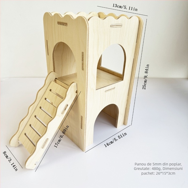 Adăpost din lemn pentru hamster cu scări, cuib cald, căsuță și jucării – set complet de decorare a cuștii