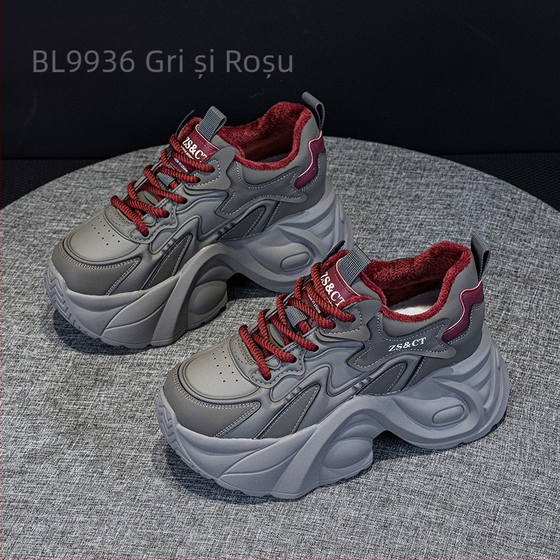 Pantofi sport pentru femei cu talpă groasă - Partea superioară din piele naturală dublă, căptușeală din fleece, platformă 6–8 cm, talpă TPU, închidere cu șireturi