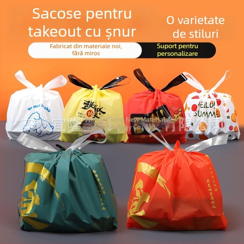 Pungă PE de unică folosință pentru takeout cu șnur – pungă de catering imprimabilă cu logo, 50 bucăți per pachet