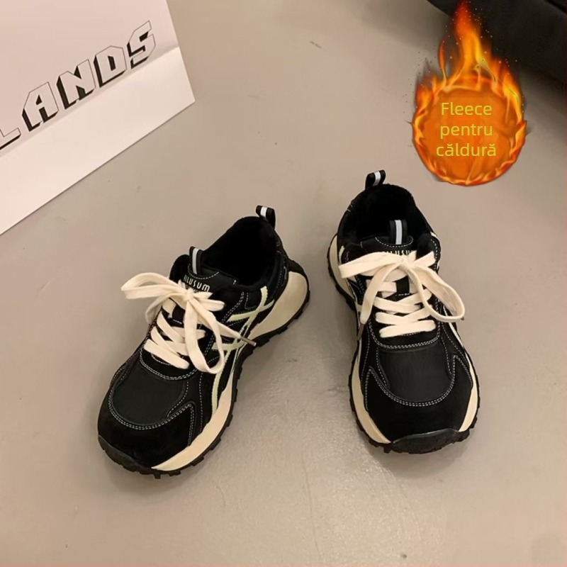 Adidași pentru femei cu căptușeală din fleece, talpă din cauciuc groasă, înălțime înaltă, închidere cu șiret în față, partea superioară din piele sintetică