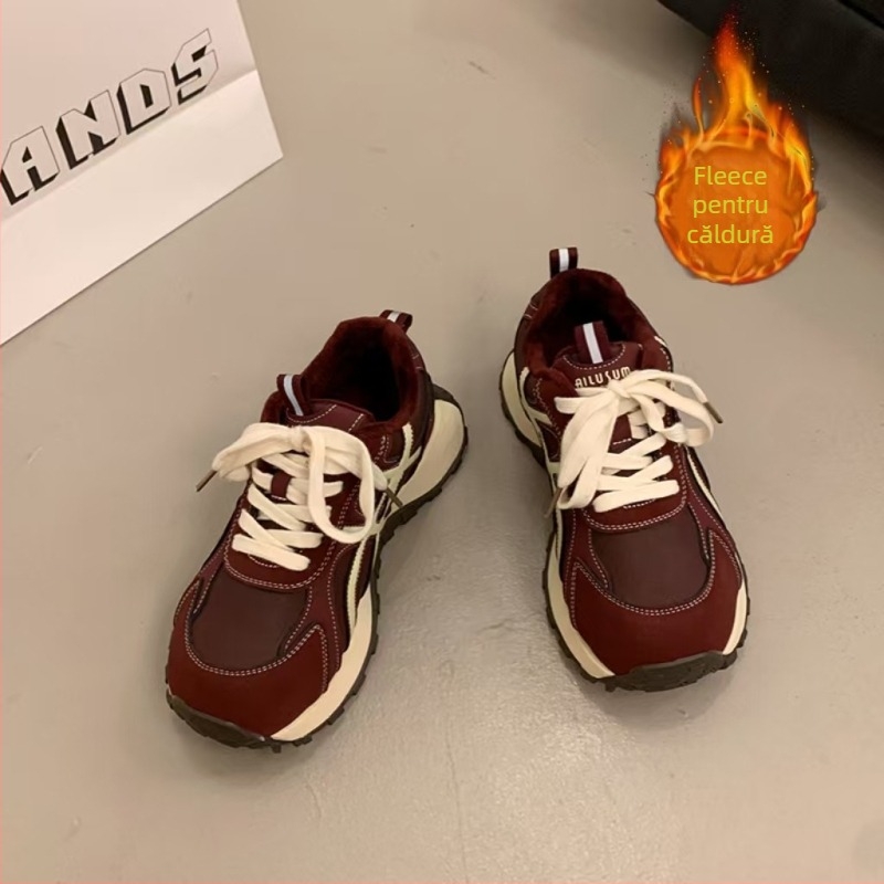 Adidași pentru femei cu căptușeală din fleece, talpă din cauciuc groasă, înălțime înaltă, închidere cu șiret în față, partea superioară din piele sintetică