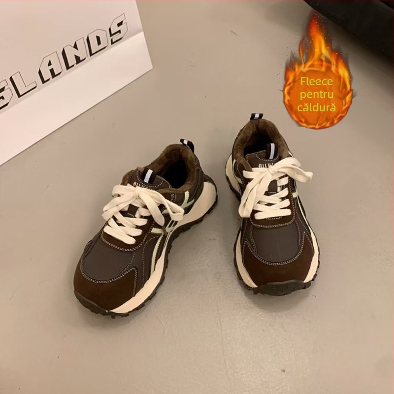 Adidași pentru femei cu căptușeală din fleece, talpă din cauciuc groasă, înălțime înaltă, închidere cu șiret în față, partea superioară din piele sintetică