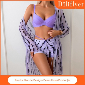 Set de baie pentru femei din trei piese cu acoperire cu mâneci lungi – poliester, uscare rapidă, elasticitate înaltă, burete pentru bust