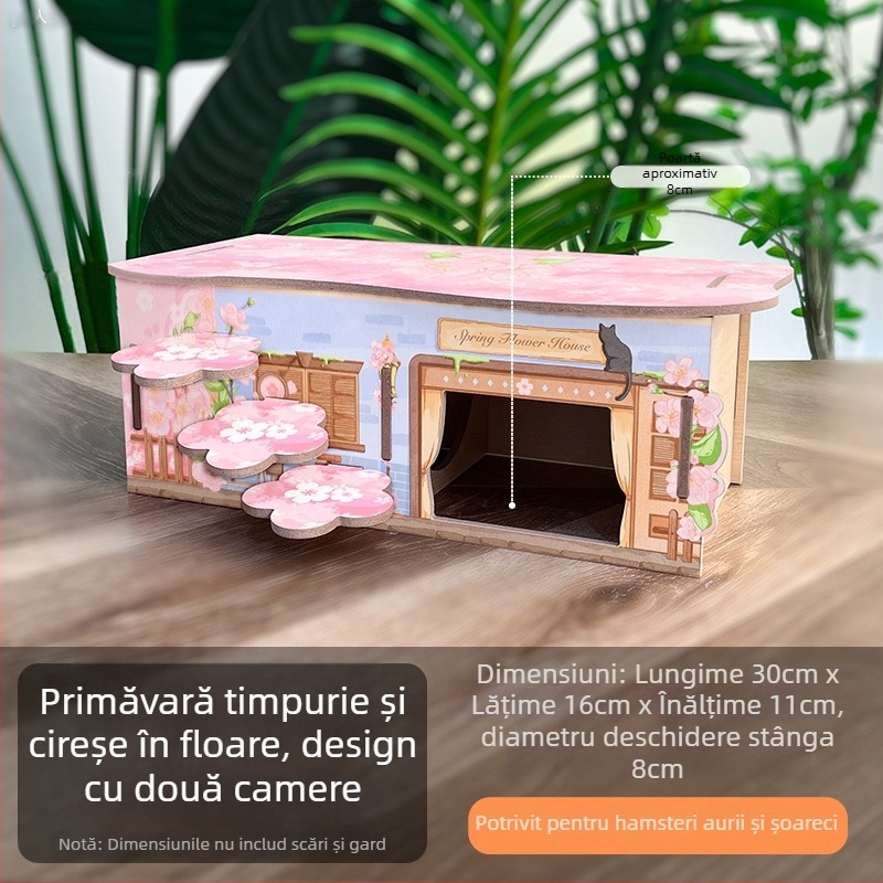 Casă de hamster din lemn cu două etaje, formă circulară, utilizare în interior, rezistentă la apă