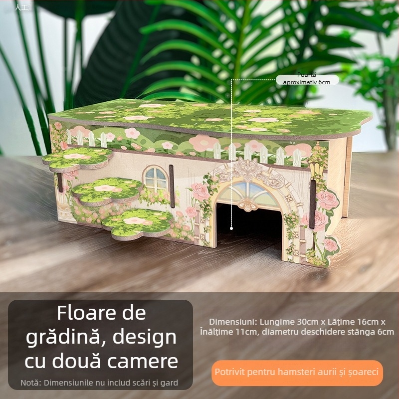 Casă de hamster din lemn cu două etaje, formă circulară, utilizare în interior, rezistentă la apă