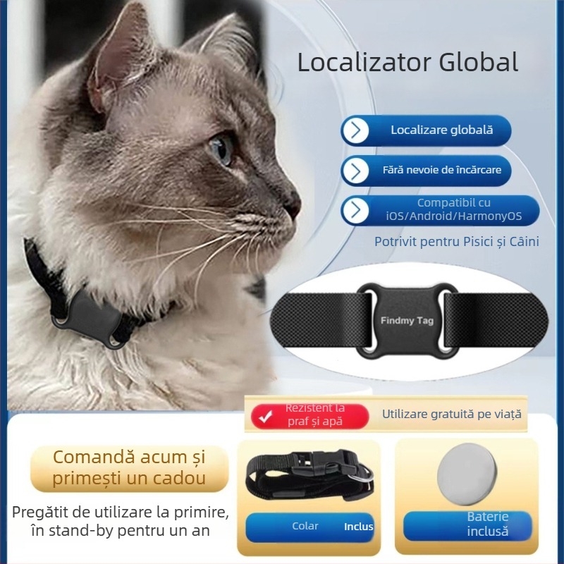 Locator GPS pentru câini și pisici - ABS, precizie GPS 10 m, baterie cu buton, greutate 9,7 g