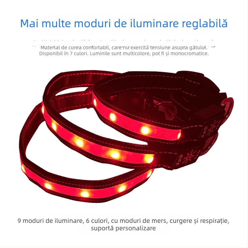 Guler pentru câine cu LED, reîncărcabil USB, impermeabil IPX7, nailon, model monocrom