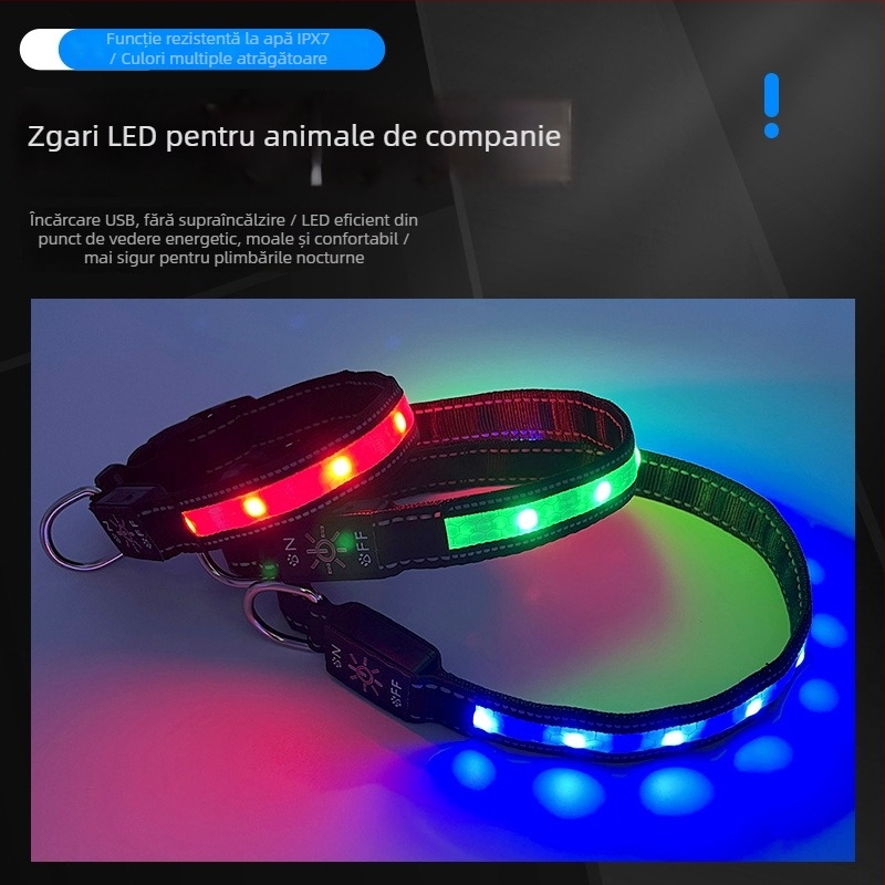 Guler pentru câine cu LED, reîncărcabil USB, impermeabil IPX7, nailon, model monocrom
