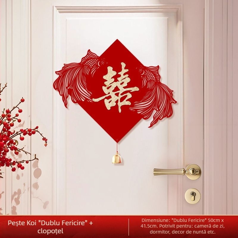 Adeziv de ușă pentru nuntă – Simbolul Fericirii și pește koi, din material nețesut, montaj fără găuri, decor pentru sufragerie și dormitor