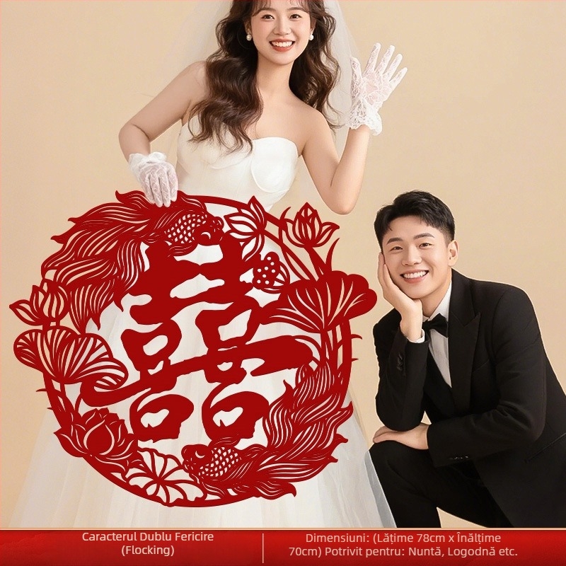 Adeziv de ușă pentru nuntă – Simbolul Fericirii și pește koi, din material nețesut, montaj fără găuri, decor pentru sufragerie și dormitor