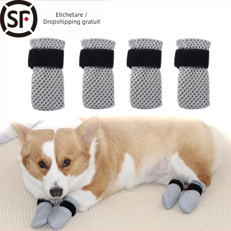 Șosete și încălțăminte pentru câini cu protecție anti-zgârieturi și anti-tracțiune, închidere Velcro, poliester tricotat, model monocrom