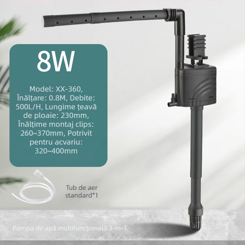 Pompa submersibilă pentru acvariu, 3 în 1 cu filtru superior, pompă încorporată pentru oxigenare și circulație, funcționare silențioasă