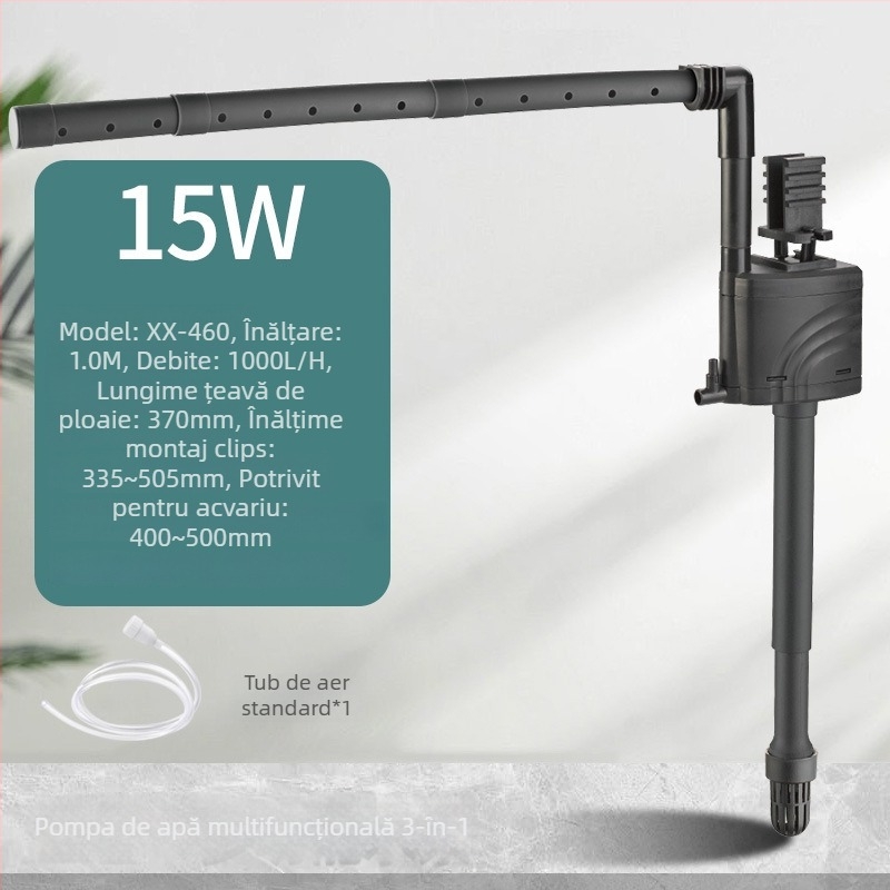 Pompa submersibilă pentru acvariu, 3 în 1 cu filtru superior, pompă încorporată pentru oxigenare și circulație, funcționare silențioasă