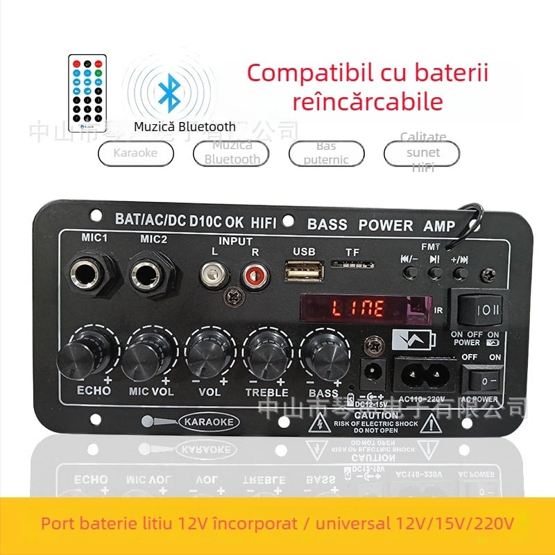 Placă de amplificator auto 12V cu afișaj, compatibilă cu baterie reîncărcabilă, modul Bluetooth pentru karaoke