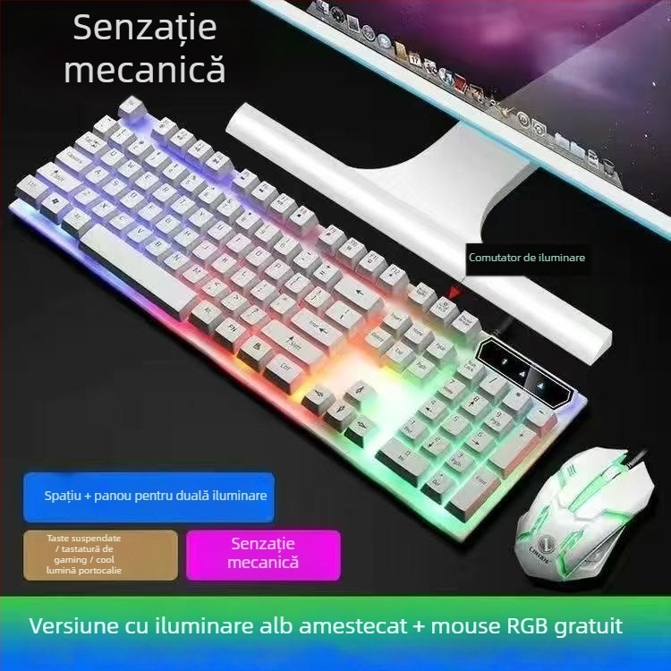 Set tastatură și mouse cablat cu USB, optic 1200 DPI, iluminare de fundal, pentru desktop și laptop
